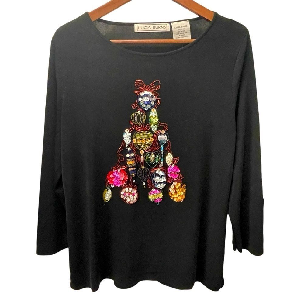 Lucia Burns Vintage Top Black w/ Christmas Tree w/Sequins Beads Women’s Size XL